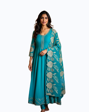 Turquoise Blue Premium Anarkali and Pant with Dupatta Set